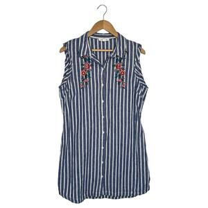 Beach Lunch Lounge Dress Womens L Linen Striped Shirt Embroidered Floral Blue